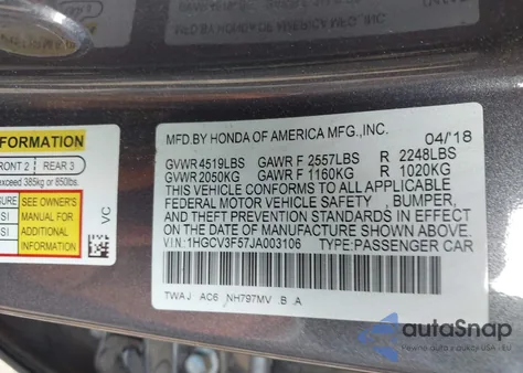 2018 Honda Accord Hybrid Ex-L из США, поврежденный, VIN 1HGCV3F57JA003106